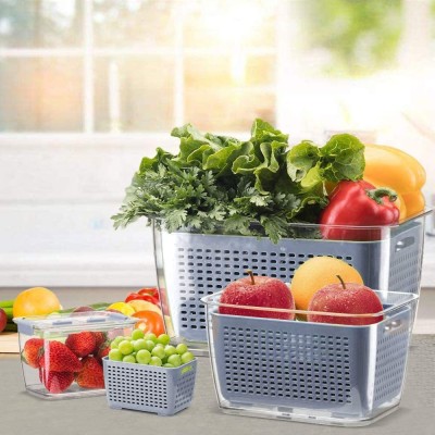 KolorFish Fresh Produce Vegetable Fruit Storage Containers - Fridge Food Storage Containers - Refrigerator Organizer Bins - Storage containers - Draining Crisper with Strainers (1.7 litres) Plastic Fruit & Vegetable Basket(Grey)