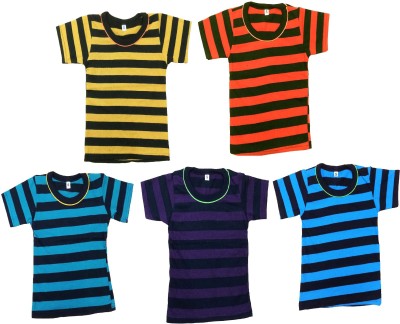 MRB Boys Striped Pure Cotton Regular T Shirt(Multicolor, Pack of 5)