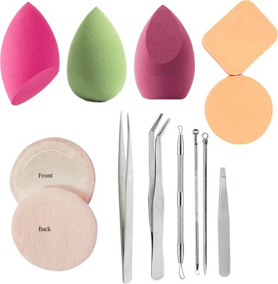 MGP FASHION Sponge Cleansing Facial Sponges Cosmetic Puff Face Cleaning Washing Puff Beauty Makeup Tools Stainless Steel Tweezers Blackhead Remover Combo Kit(13 Items in the set)
