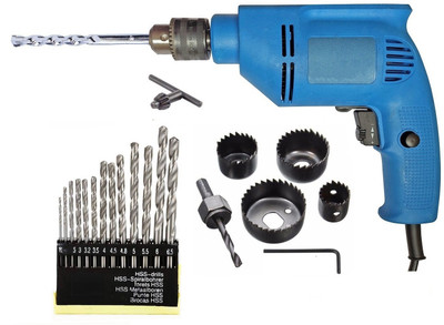 Inditrust High Quality 10mm UF Reversible Electric Drill Machine With 13pc HSS 6pc Hole saw set and 1pc Masonry drill bit set (Pack of 4) Power & Hand Tool Kit(22 Tools)