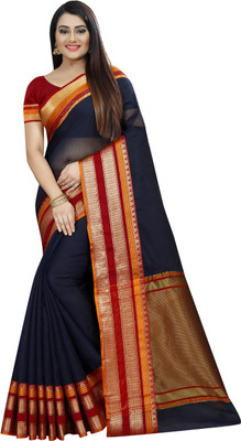 SWORNOF Woven Banarasi Silk Blend, Jacquard Saree(Dark Blue, Maroon)