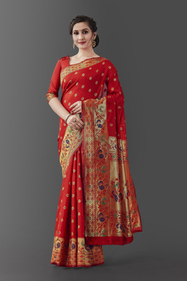 BESUCHER Printed Paithani Art Silk Saree(Red)