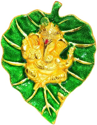 RUDRA DIVINE Rudadvine Lord Ganesha on Green Leaf Patta Ganesh Showpiece Wall Hanging/Front Door Hanging Decorative Showpiece  -  17.78 cm(Brass, Green, Gold)