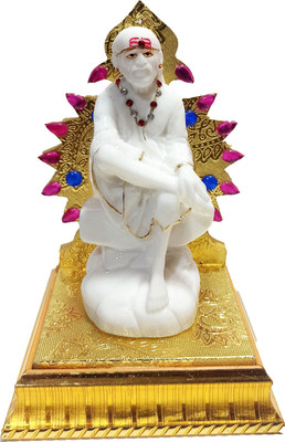 S A Gifts Premium Quality Italian Marble Sai Baba Idol/Murti with Wooden Sinhasan for Home and Office Decorative Showpiece  -  12 cm(Marble, White, Gold)