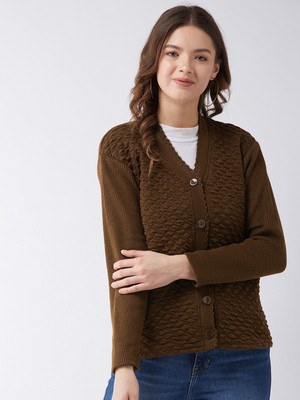 Pivl Self Design V Neck Casual Women Brown Sweater