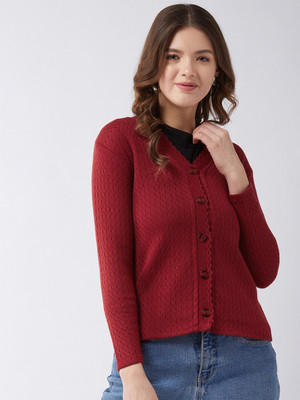 Pivl Self Design V Neck Casual Women Maroon Sweater