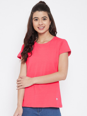 Camey Solid Women Round Neck Pink T-Shirt
