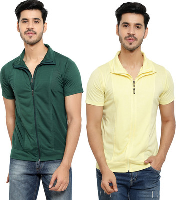 Unite Wear Solid Men Polo Neck Dark Green, Yellow T-Shirt