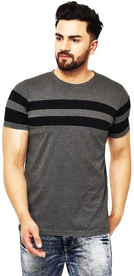 Leotude Striped Men Round Neck Grey T-Shirt