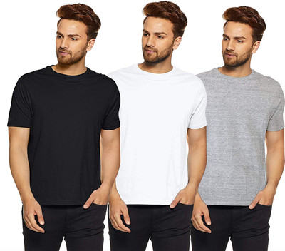 LazyChunks Solid Men Round Neck White, Black, Grey T-Shirt