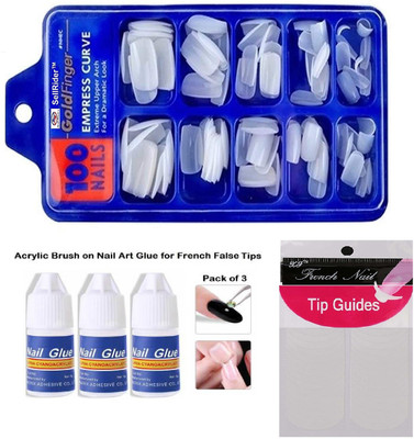 D.B.Z. 100 Pcs Artificial Nails With 3 Nails Glue & Nail Art Tip Sticker WHITE(Pack of 100)