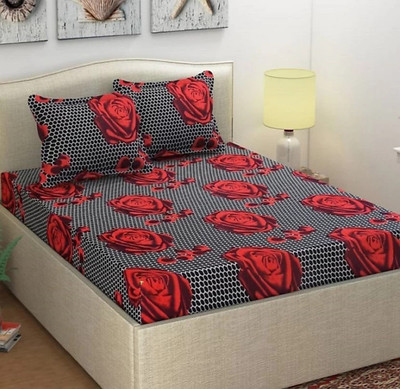H18 SHEET 160 TC Microfiber Double Printed Flat Bedsheet(Pack of 1, Black_Red-Rose)