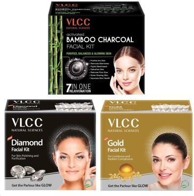 VLCC Gold, Diamond & Activated Bamboo Charcoal Facial Kit Combo(3 x 60g)(3 x 60 g)