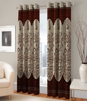 Saanvi Creations 213 cm (7 ft) Polyester Semi Transparent Door Curtain (Pack Of 2)(Floral, Brown)