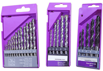 Inditools High Quality 3 Type Drill bit set 5pc masonry 5pc wood and 13pc HSS drill bit set
