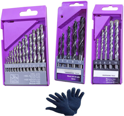 Inditrust High quality 5pc Masonry 13pc HSS and 5pc Wood drill bit set with Gloves P(ack of 4)