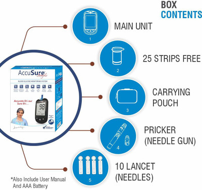 AccuSure Glucometer Machine Comes with 25 Test Strips & 10 Lancet Glucometer(Black)
