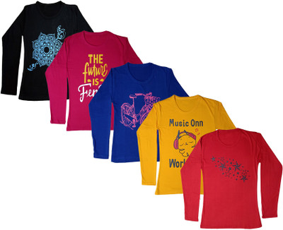 Indistar Girls Printed Cotton Blend Regular T Shirt(Multicolor, Pack of 5)
