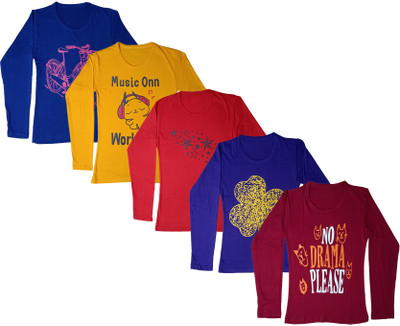Indistar Girls Printed Cotton Blend Regular T Shirt(Multicolor, Pack of 5)
