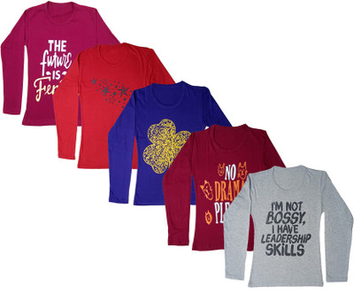Indistar Girls Printed Cotton Blend Regular T Shirt(Multicolor, Pack of 5)