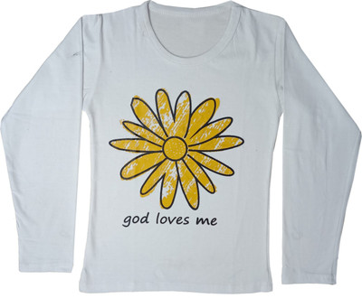 IndiWeaves Girls Printed Cotton Blend Regular T Shirt(White, Pack of 1)