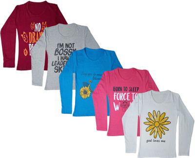 Indistar Girls Printed Cotton Blend Regular T Shirt(Multicolor, Pack of 5)