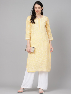 ADA Women Chikan Embroidery, Embroidered Straight Kurta(Yellow)