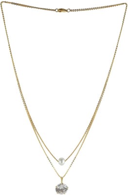 BRANDSOON Stylish Diamond and White Pearl 2 Layer Necklace Golden Satari Chain Pendant Diamond Gold-plated Plated Brass Chain