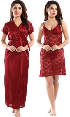 Zionity Women Nighty with Robe(Maroon)