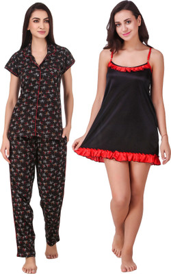 KEOTI Women Printed Black Shirt & Pyjama set