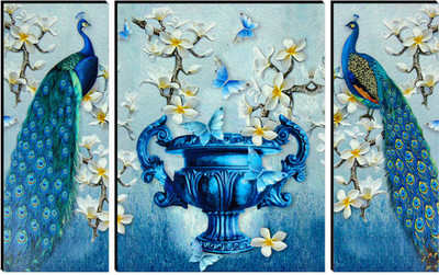 Indianara 3 PC SET OF FLOWER VASE AND PAIR OF PEACOCKS MDF PAINTING (2098 FL) WITHOUT GLASS Digital Reprint 12 inch x 18 inch Painting(With Frame, Pack of 3)