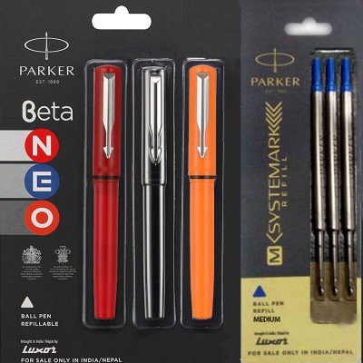 PARKER Beta Neo (Combo 3 pens with 3 refills) Ball Pen(Pack of 6, Blue)