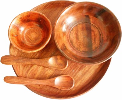 S.I Creation Pack of 5 Wood Handmade Indian Traditional Wooden Thali for Dinner / Lunch / Breakfast Dinner Set(Brown)