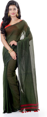 WoodenTant Solid/Plain Daily Wear Pure Cotton Saree(Dark Green)