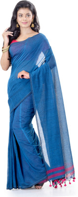 WoodenTant Solid/Plain Daily Wear Pure Cotton Saree(Light Blue)