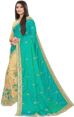 VBHP FASHION Embroidered Bollywood Silk Blend, Net Saree(Green, Cream)