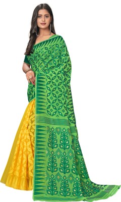 MJ TRENDZ Printed, Woven, Self Design Jamdani Jacquard Saree(Green, Yellow)