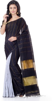 WoodenTant Striped, Woven Handloom Cotton Silk Saree(White, Black)