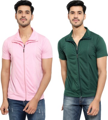 Unite Wear Solid Men Polo Neck Dark Green, Pink T-Shirt