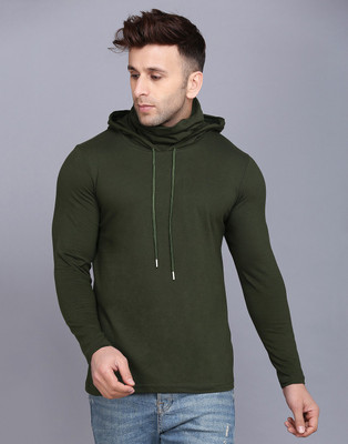 SLOWLORIS Solid Men Hooded Neck Green T-Shirt