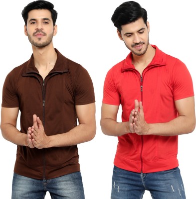 Unite Wear Solid Men Polo Neck Red, Brown T-Shirt