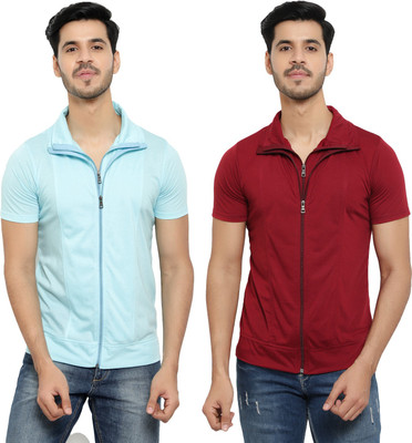 Unite Wear Solid Men Polo Neck Light Blue, Maroon T-Shirt