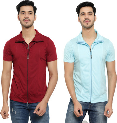 Unite Wear Solid Men Polo Neck Light Blue, Maroon T-Shirt