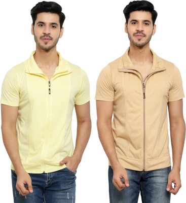 Unite Wear Solid Men Polo Neck Beige, Yellow T-Shirt