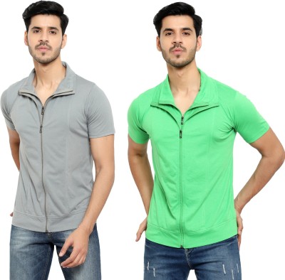 Unite Wear Solid Men Polo Neck Green, Grey T-Shirt