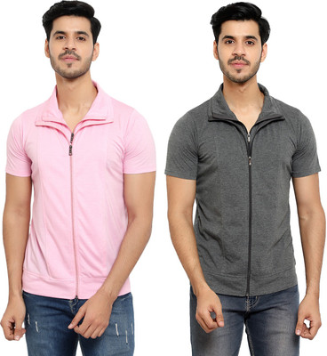 Unite Wear Solid Men Polo Neck Pink, Grey T-Shirt
