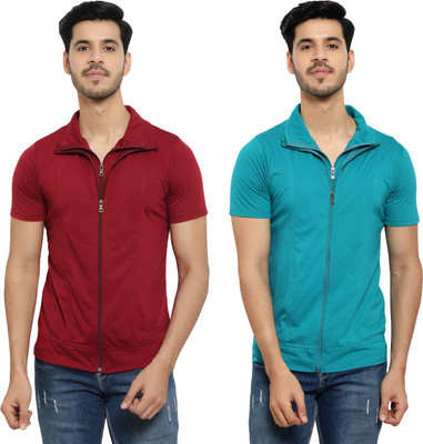 Unite Wear Solid Men Polo Neck Light Blue, Maroon T-Shirt