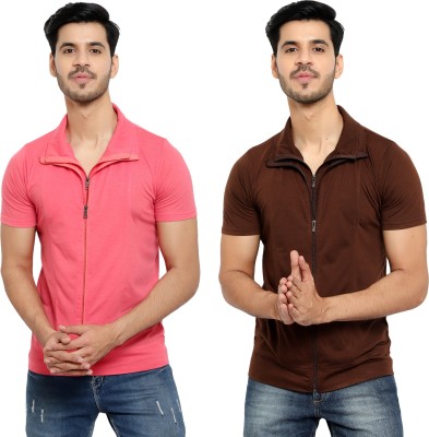 Unite Wear Solid Men Polo Neck Brown, Pink T-Shirt