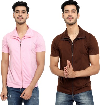 Unite Wear Solid Men Polo Neck Brown, Pink T-Shirt