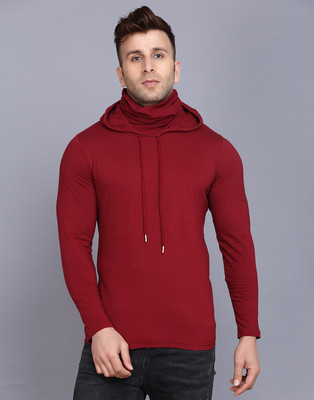 MINISTRY OF FRIENDS Solid Men Hooded Neck Maroon T-Shirt